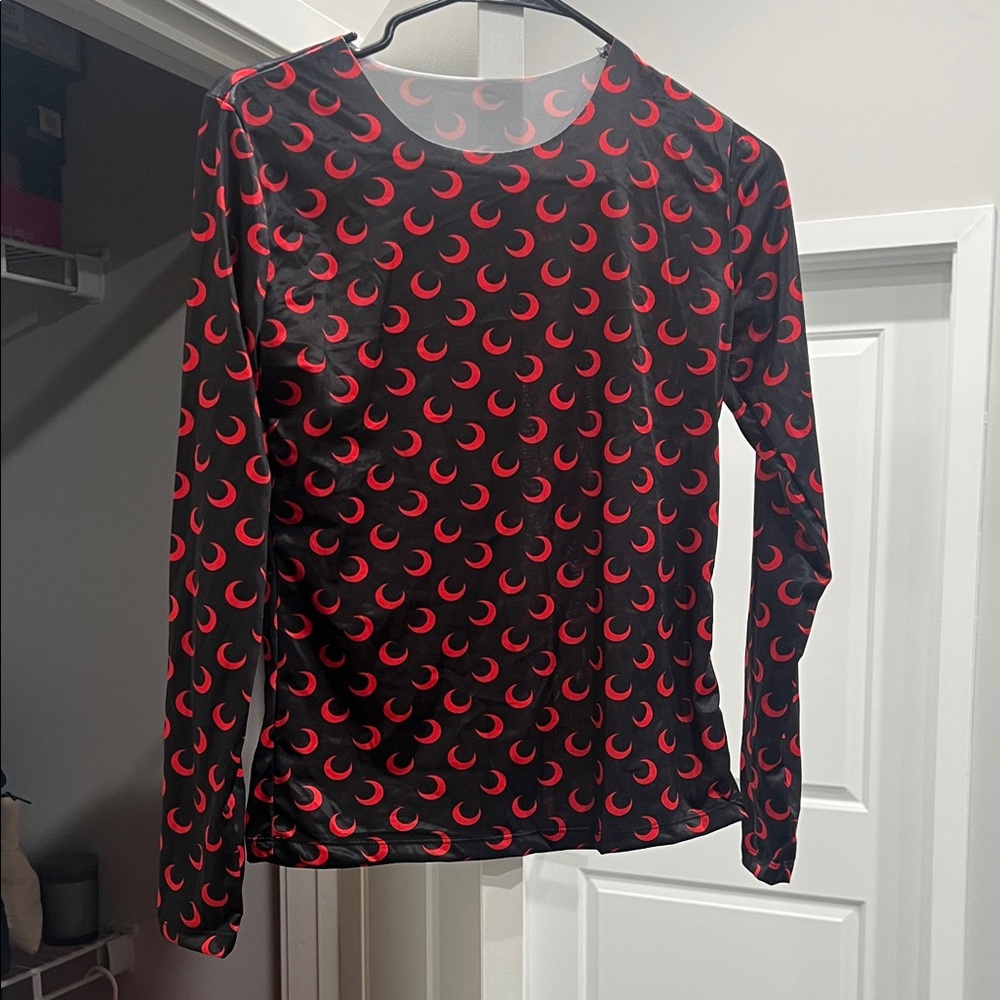 Women’s Black Long Sleeve Tee with Red Crescent Print